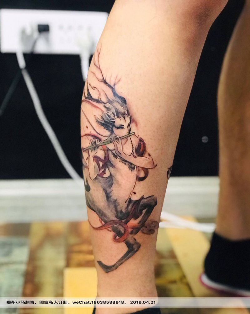 神兽纹身图片_腿部水墨纹身图案