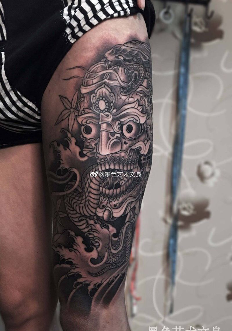 嘎巴拉纹身图片_腿部新传统嘎巴拉纹身图案