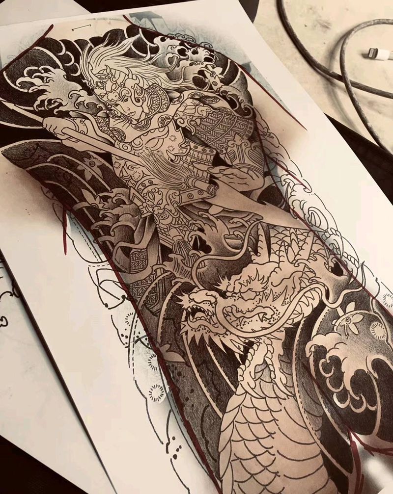 满背手稿纹身图片_背部腿部新传统又一大工程纹身图案