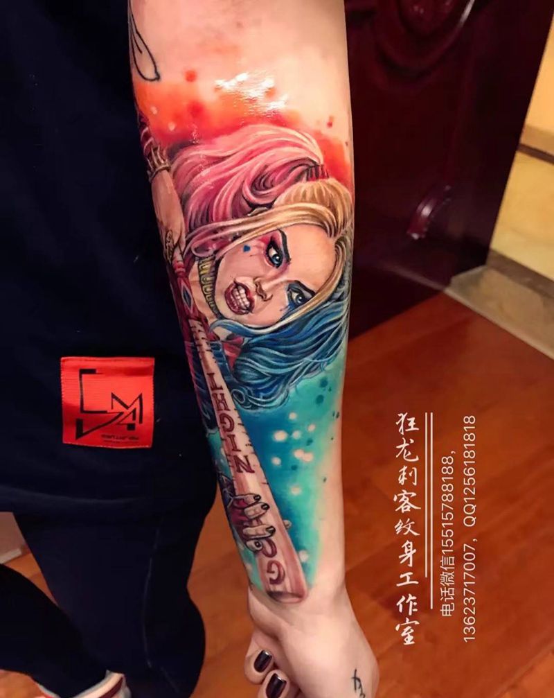 哈利奎因小丑女纹身图片_成品插画欧美肖像写实人物手臂肩部臀部腿部纹身图案