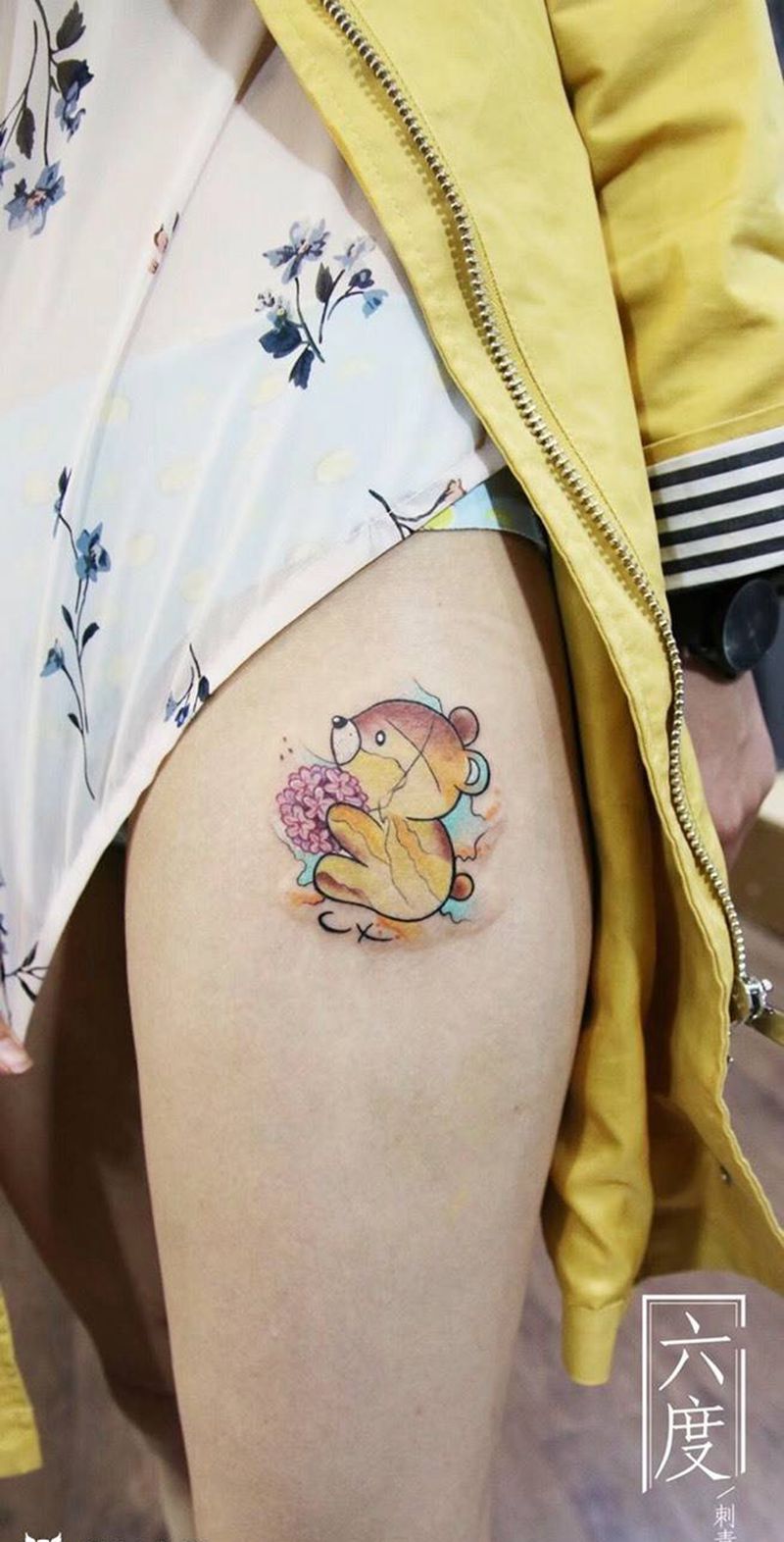 原创手稿 水彩小熊纹身图片_成品手稿腿部清新动物植物原创情侣纹身图案