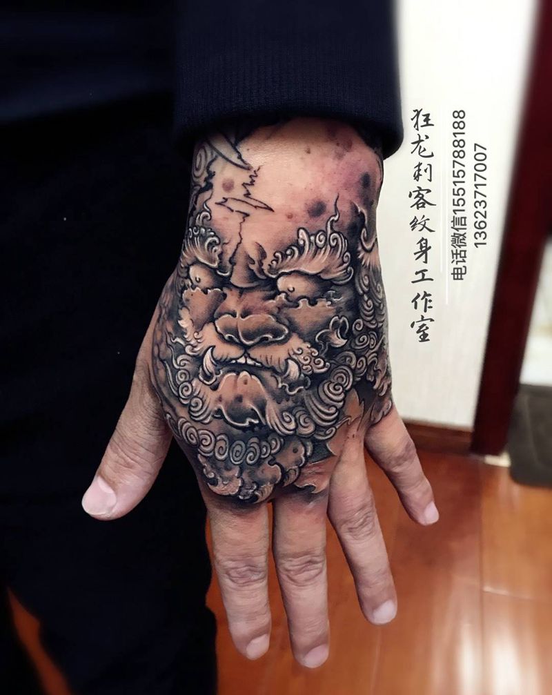 手面唐狮纹身图片_成品手臂手部传统肖像国画动物鬼神原创纹身图案
