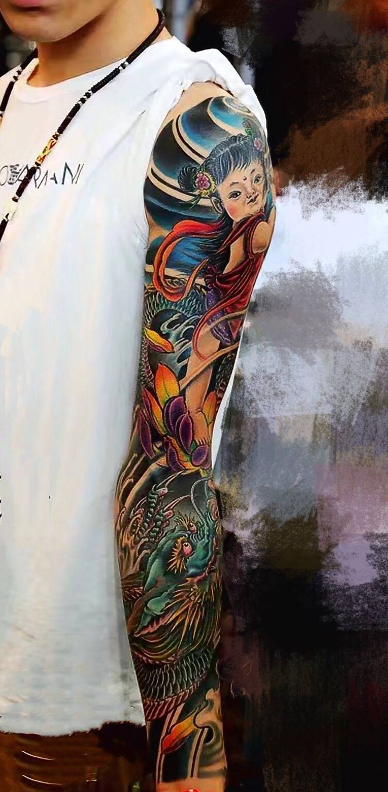花臂哪吒闹海纹身图片_成品手臂肩部传统肖像国画人物原创动物纹身图案