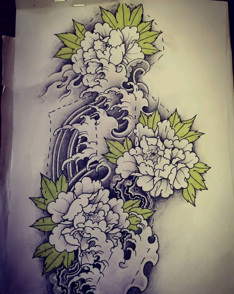 牡丹花臂纹身图片_腿部手臂新传统老传统牡丹纹身图案