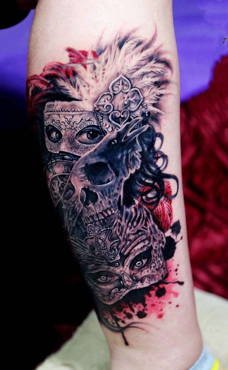 面具纹身图片_成品腿部脚部欧美肖像写实动物人物静物纹身图案