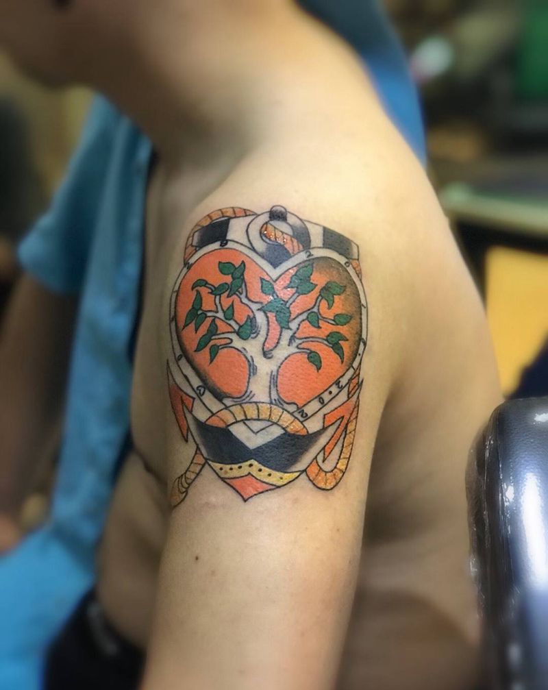 原创柠檬树船锚纹身图片_成品肩部欧美纹身图案