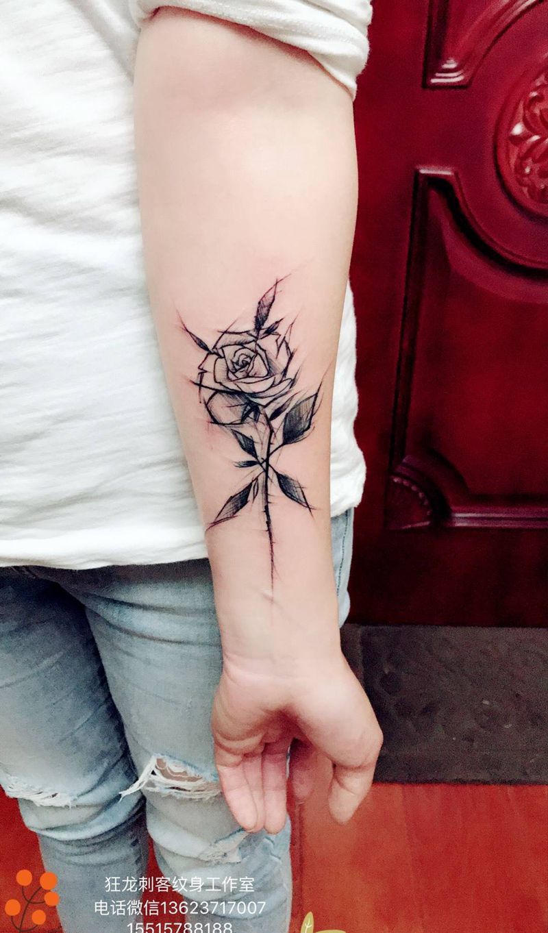 速写玫瑰纹身图片_成品手臂手部欧美清新传统静物植物图腾几何纹身图案