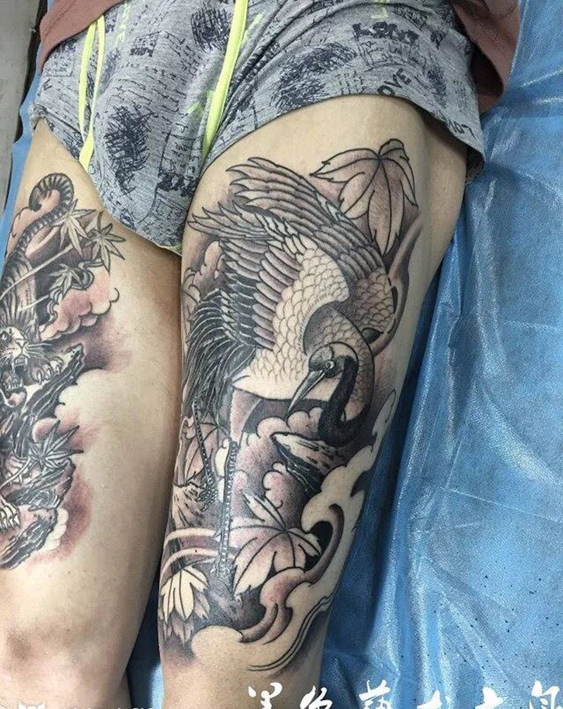 老虎，仙鹤纹身图片