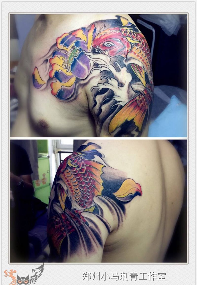 莲花鲤鱼纹身图片_成品传统纹身图案