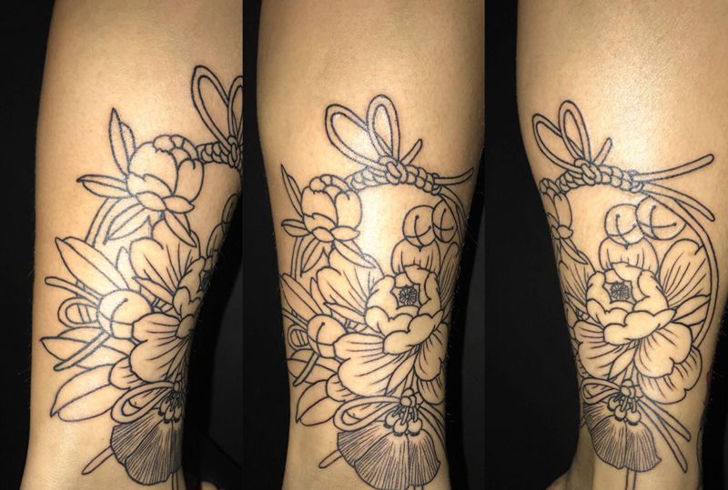 牡丹线条纹身图片