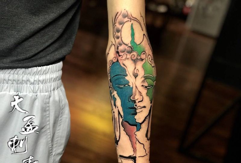 水墨佛纹身图片_手臂纹身图案