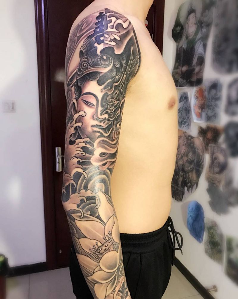 善恶荷花花臂纹身图片