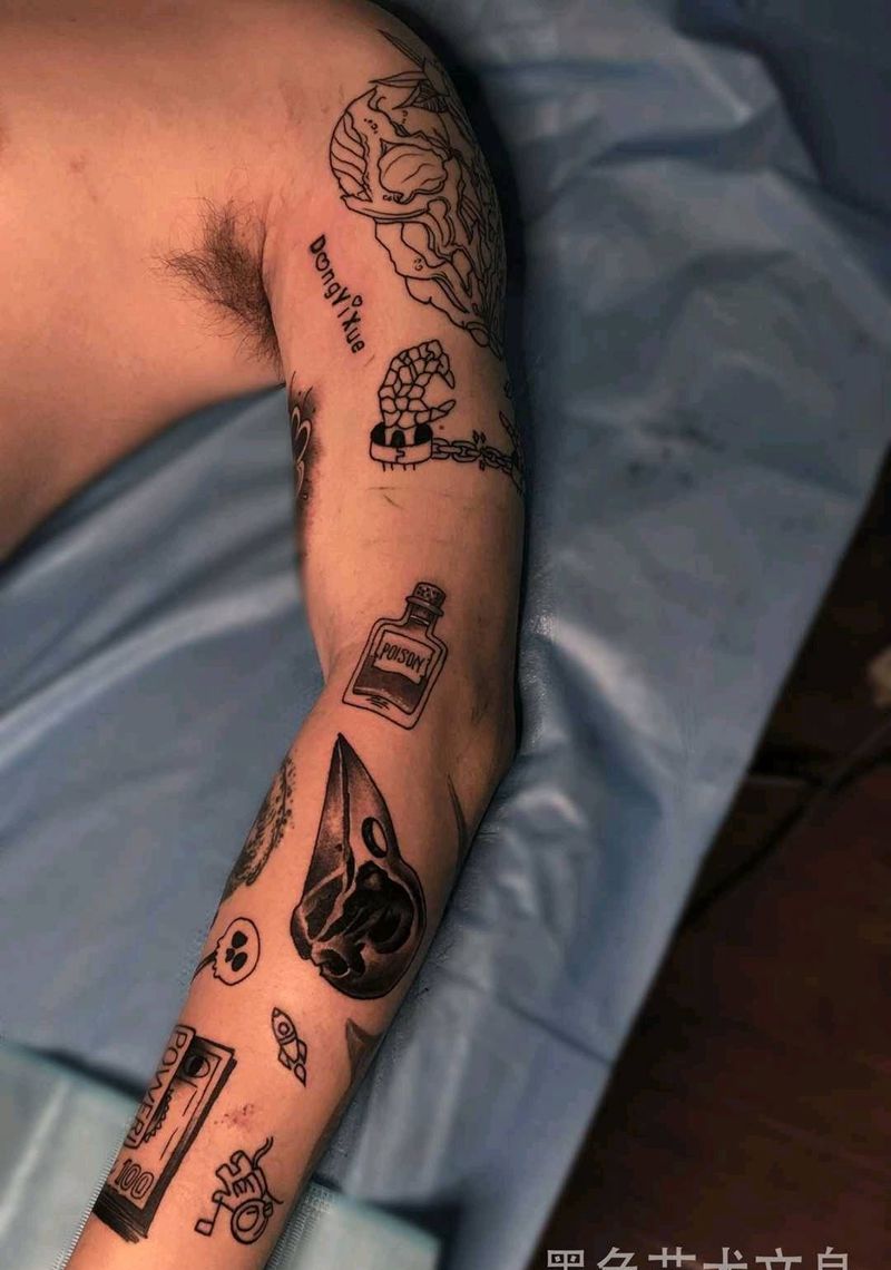 拼接花臂纹身图片_手臂New School纹身图案