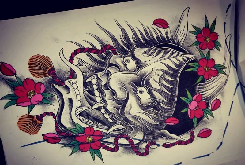 般若纹身图片_背部腿部新传统老传统般若手稿纹身图案