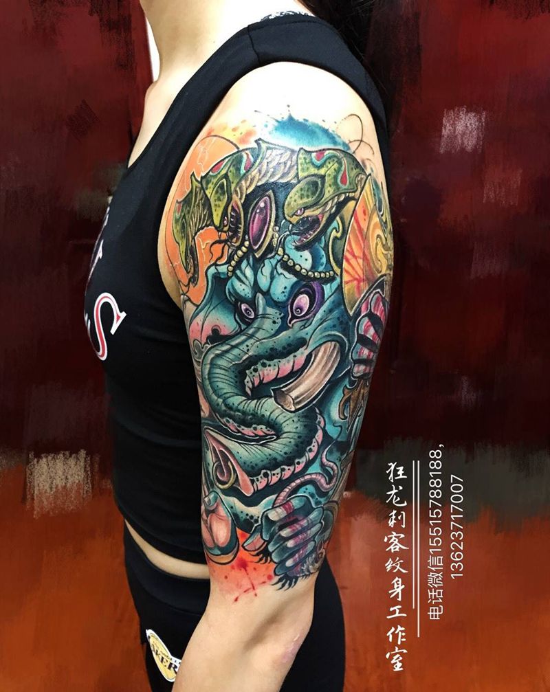象神纹身图片_成品手臂肩部欧美动物鬼神人物宗教传统纹身图案