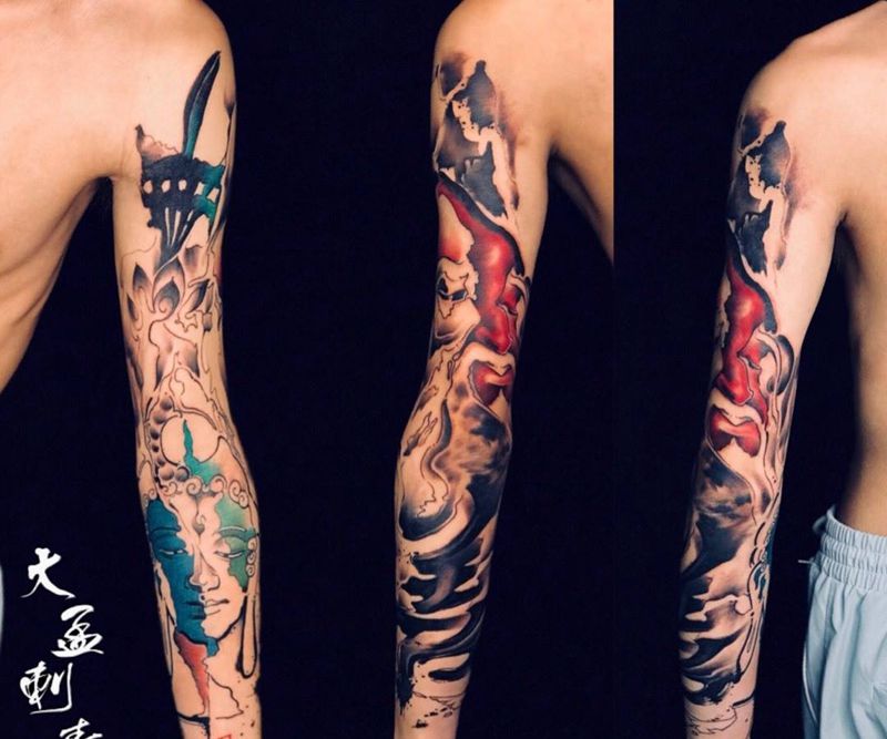 水墨花臂纹身图片_手臂水墨水彩纹身图案