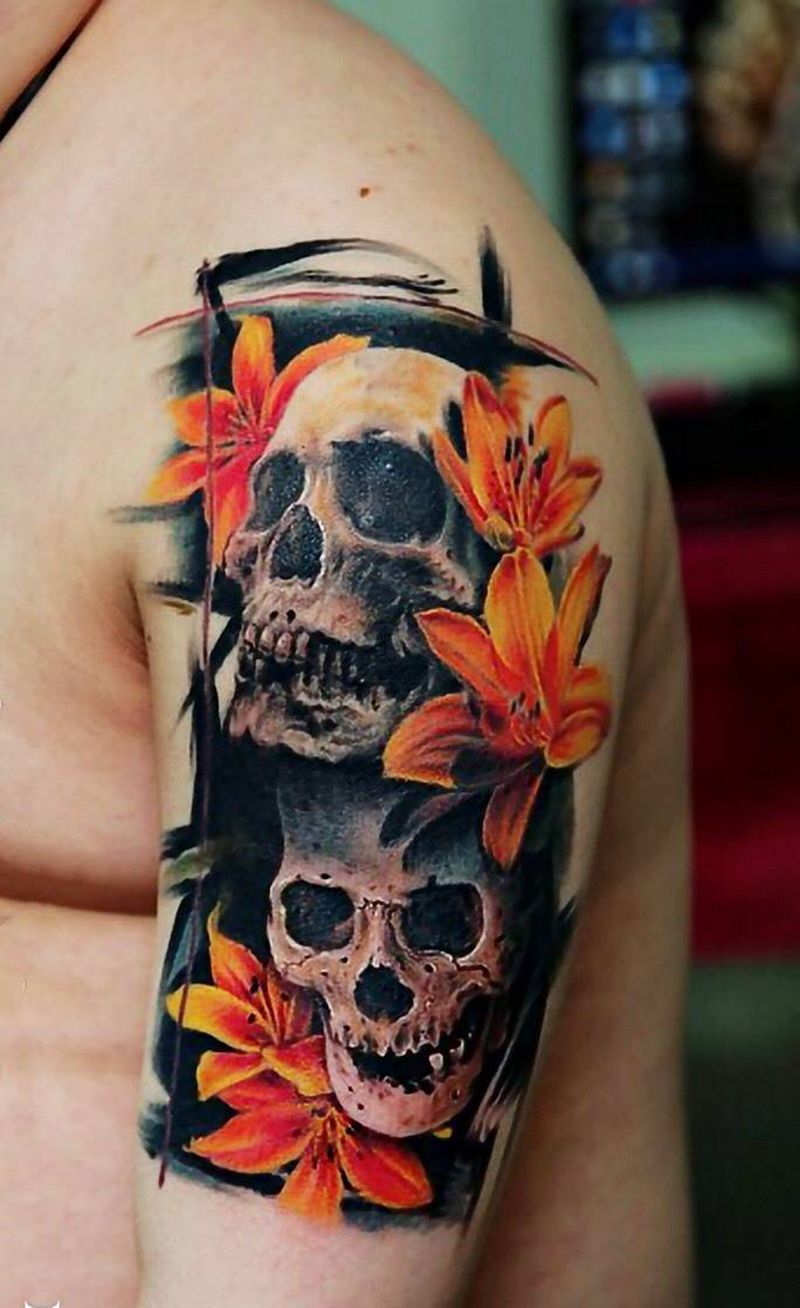 骷髅百合纹身图片_手臂肩部欧美写实肖像清新人物情侣鬼神植物纹身图案