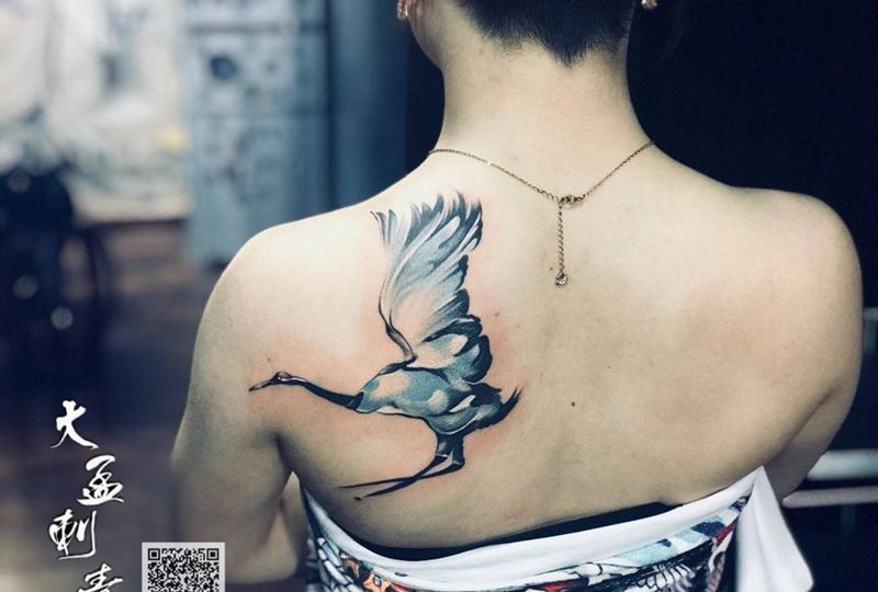 水墨鹤纹身图片_成品纹身图案
