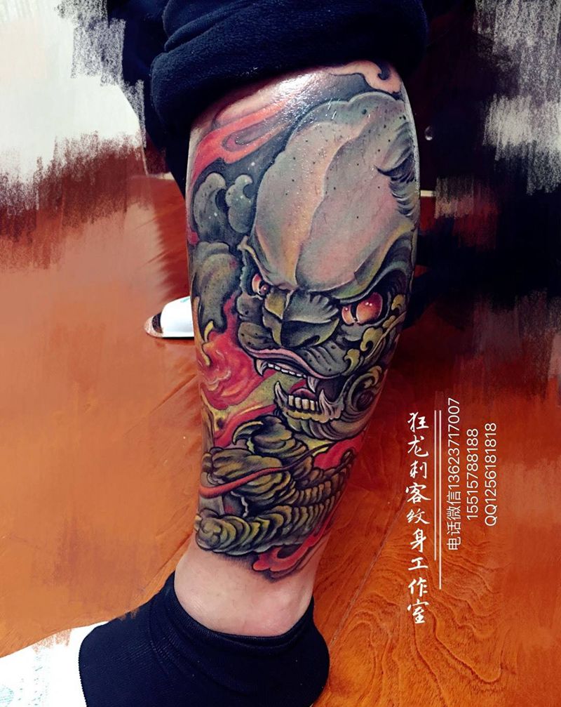 唐狮子纹身图片_成品腿部脚部手臂传统国画动物鬼神原创纹身图案