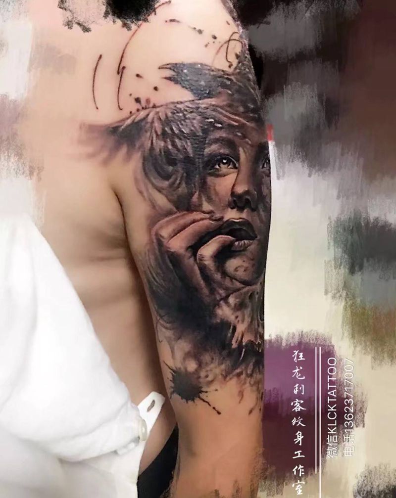乌鸦纹身图片_成品肩部背部手臂欧美肖像写实动物人物鬼神纹身图案