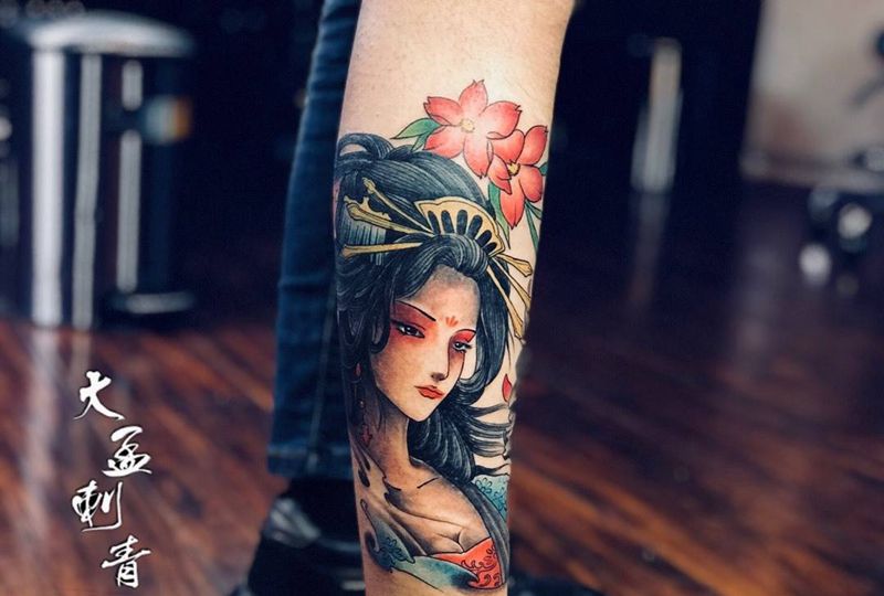 小腿艺妓纹身图片_成品纹身图案