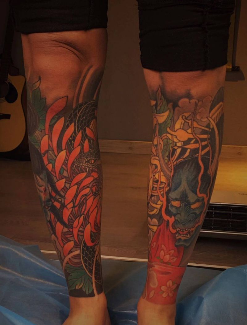 包小腿纹身图片_腿部脚部新传统纹身图案