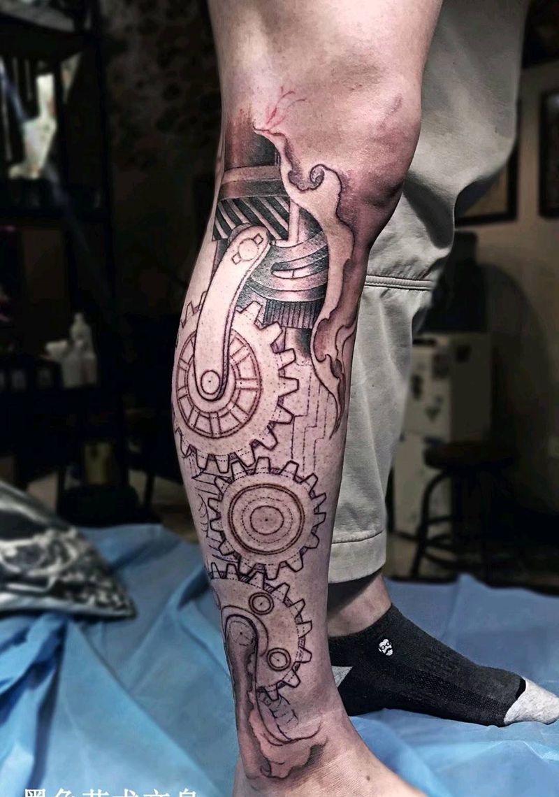 机械腿纹身图片_腿部欧美写实纹身图案