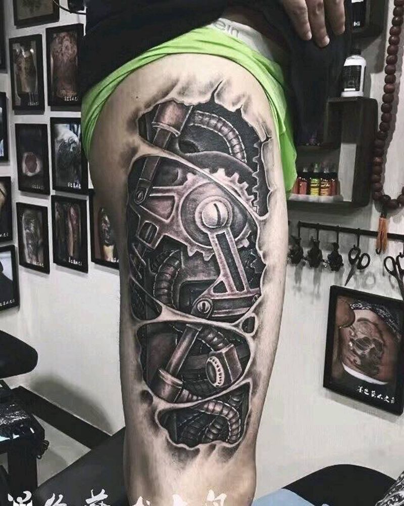 机械大腿纹身图片_腿部欧美写实纹身图案