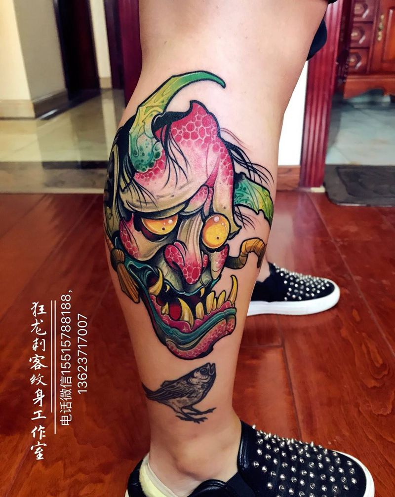 般若纹身图片_成品脚部腿部欧美传统清新人物动物鬼神宗教纹身图案