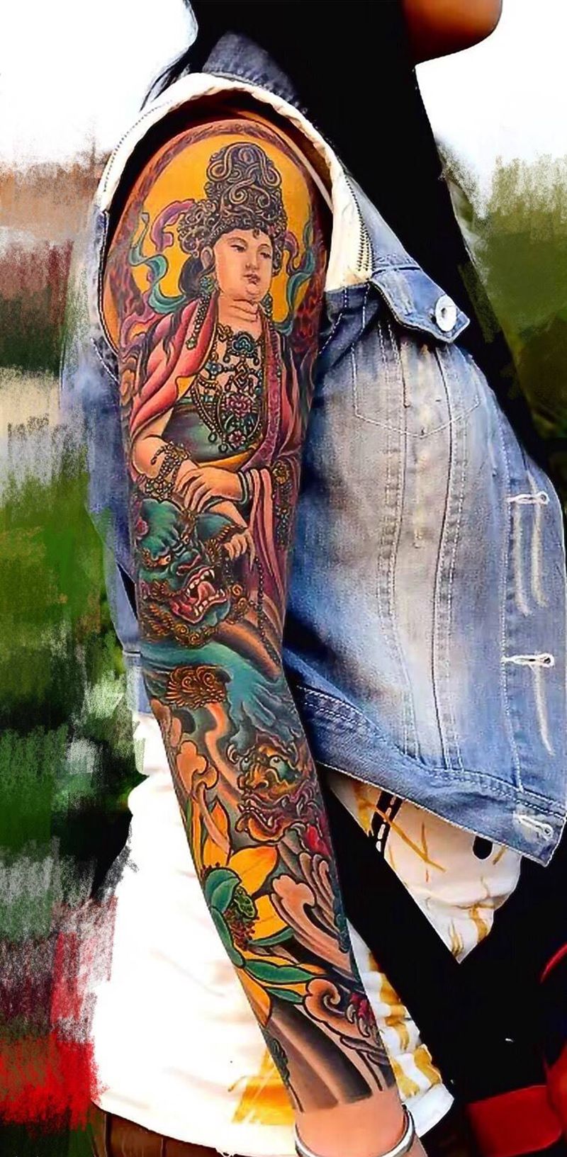 文殊菩萨纹身图片_成品肩部手臂传统肖像国画人物宗教原创纹身图案