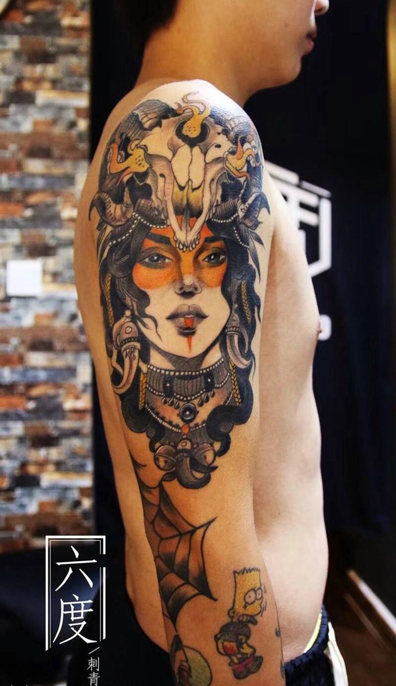 欧洲新传统 女人纹身图片_成品手臂欧美人物鬼神宗教纹身图案