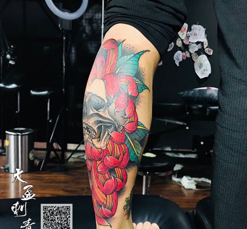 骷髅菊花纹身图片
