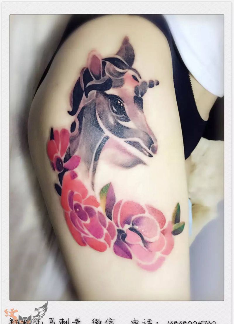 独角兽纹身图片_成品腿部纹身图案