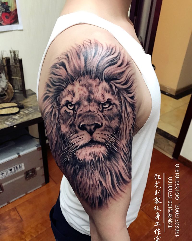 狮子纹身图片_成品手臂肩部臀部欧美传统写实动物原创纹身图案