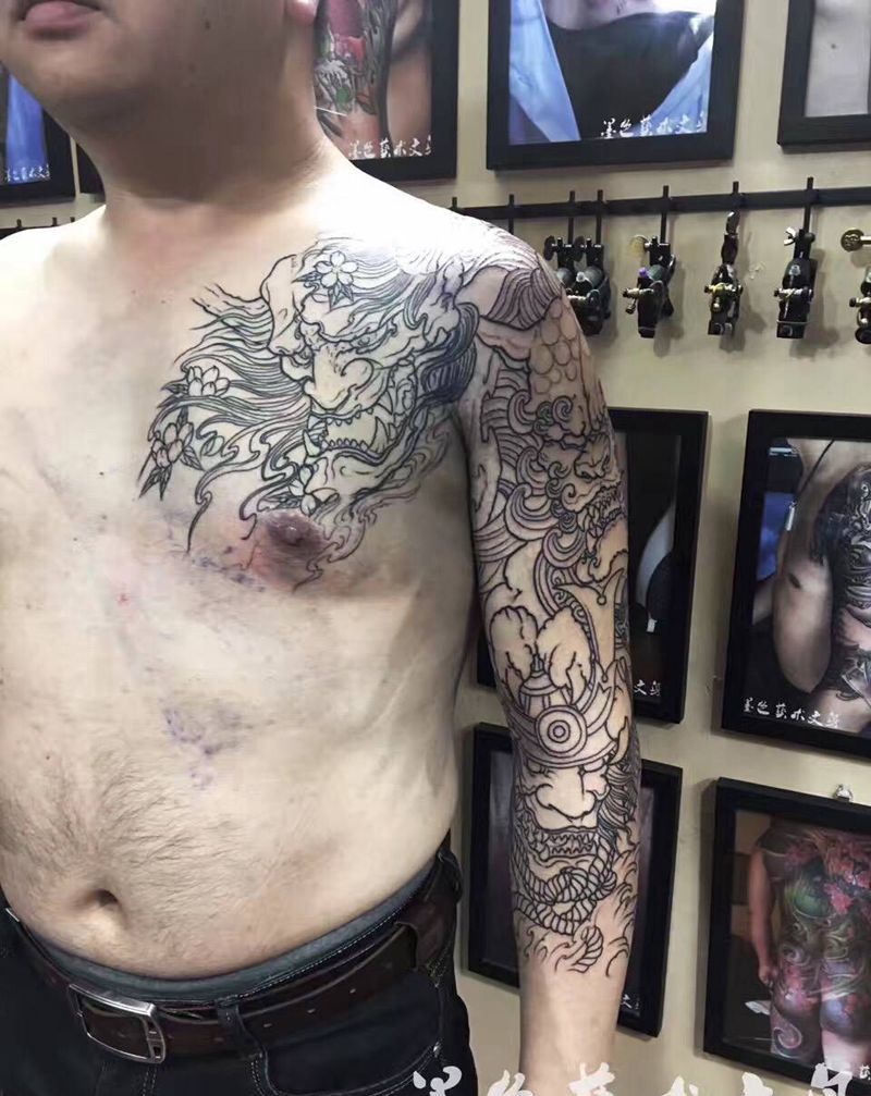 唐狮线条完成纹身图片