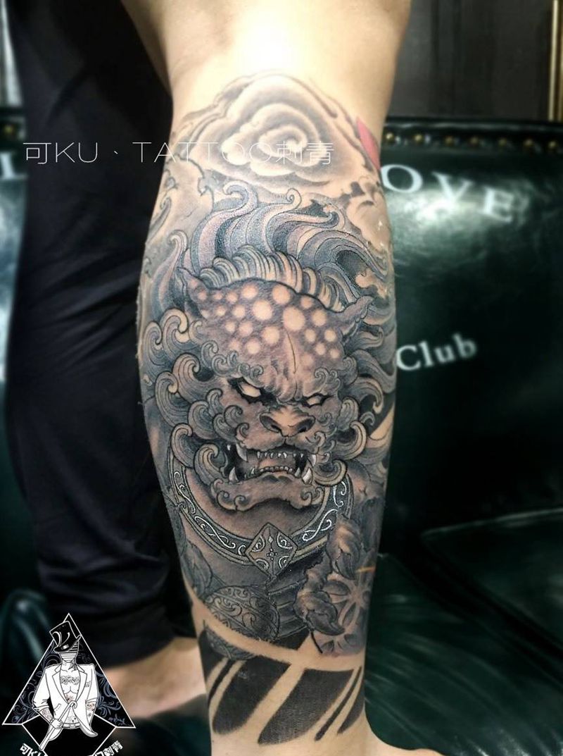 唐狮般若包腿完成纹身图片