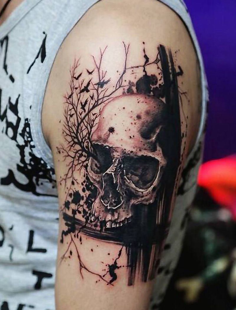 泼墨骷髅纹身图片_手臂肩部欧美写实肖像清新人物植物图腾成品纹身图案