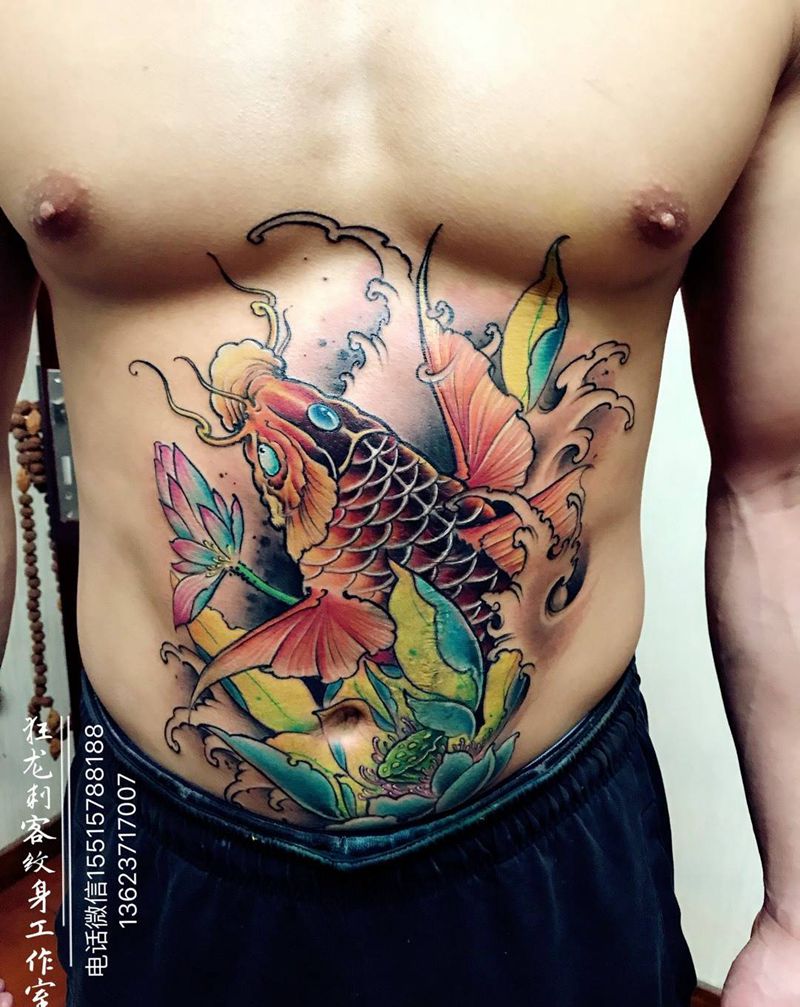 遮盖纹身图片_成品腹部传统清新动物植物胸部国画纹身图案