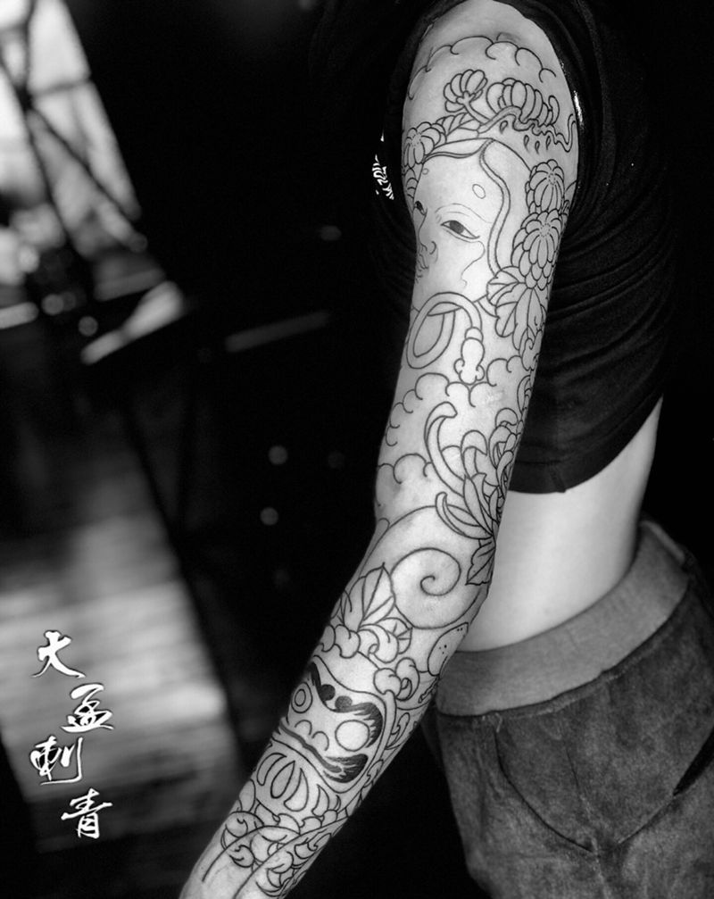 传统花臂线条纹身图片