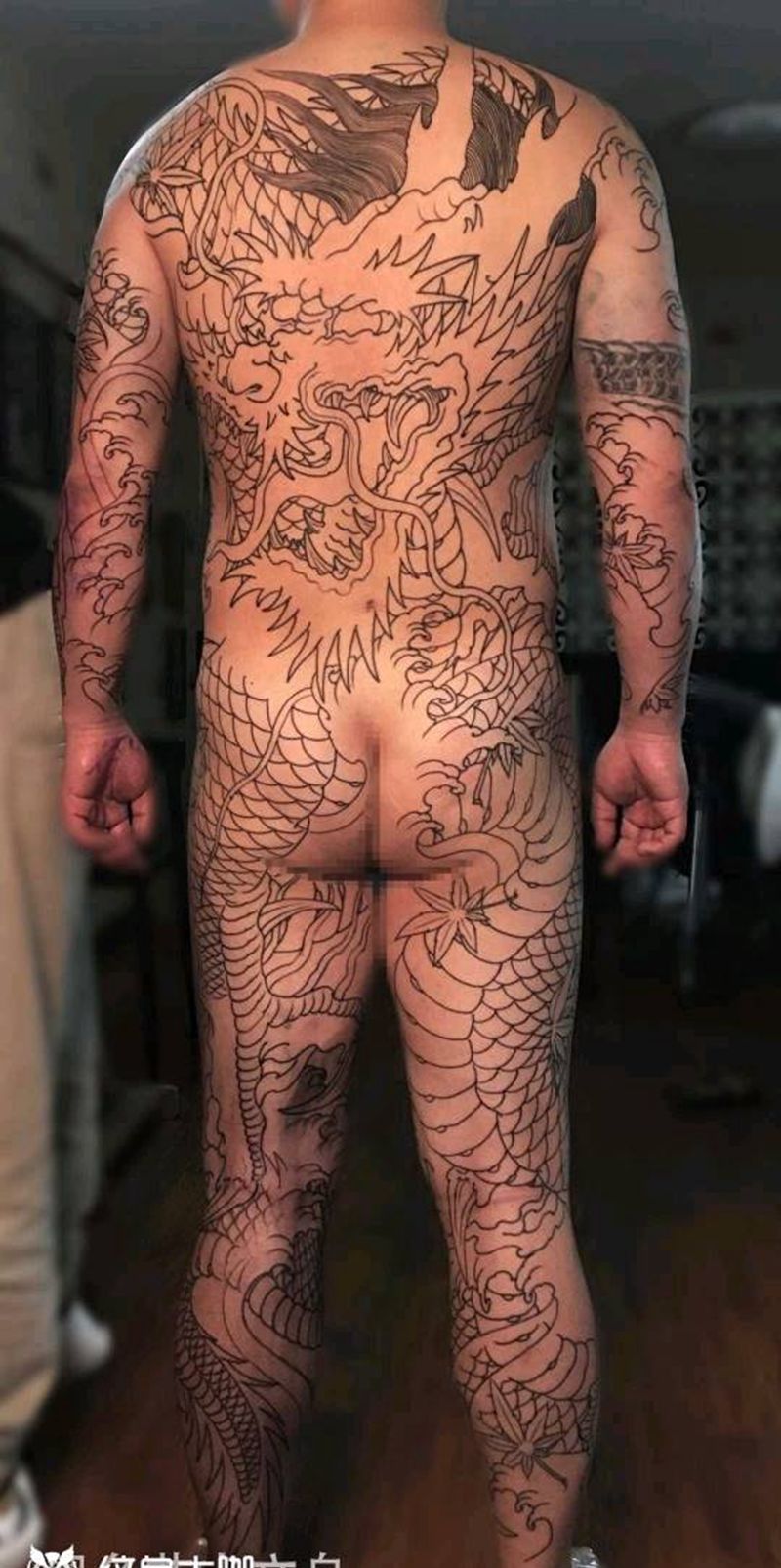 双龙大通体纹身图片_腹部背部新传统龙牡丹纹身图案