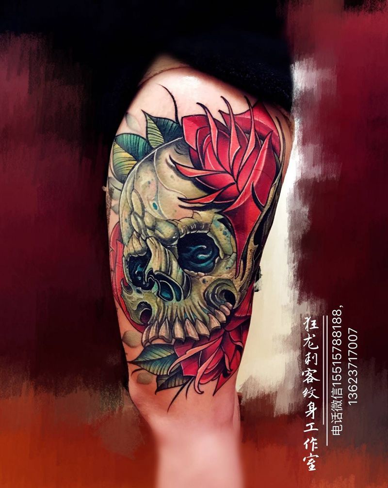 骷髅玫瑰纹身图片_成品腰部腿部欧美肖像清新写实植物鬼神人物纹身图案