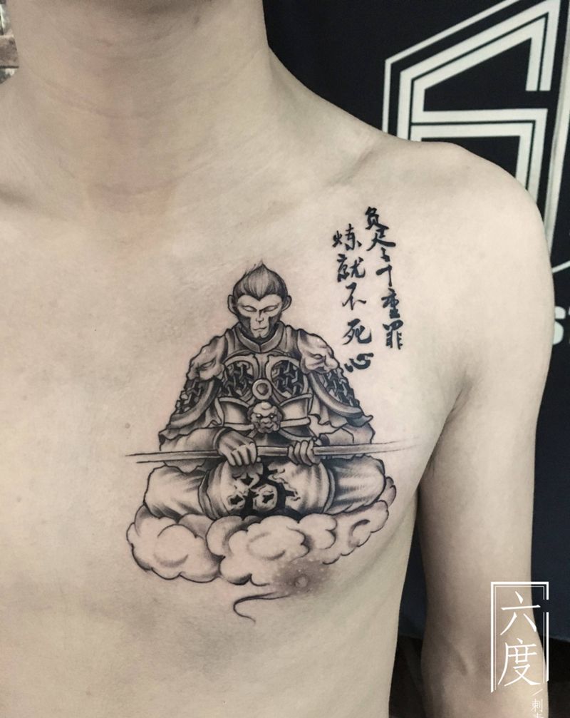 悟空纹身图片_成品胸部传统人物纹身图案