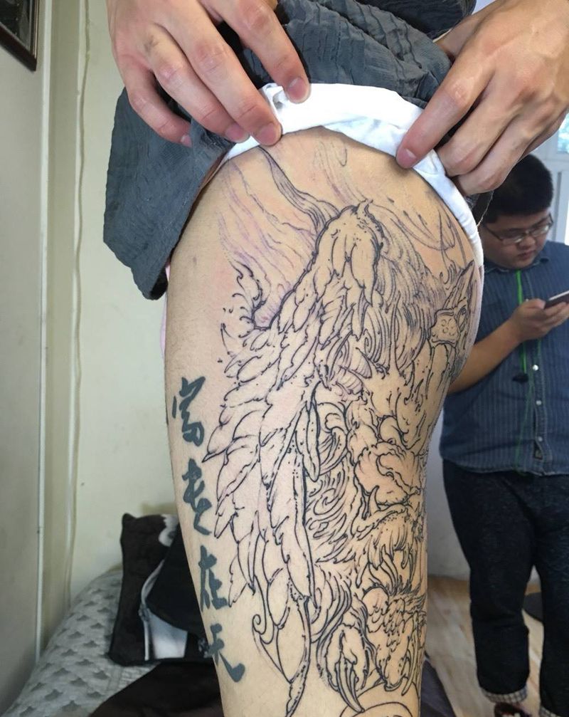 唐狮线条纹身图片