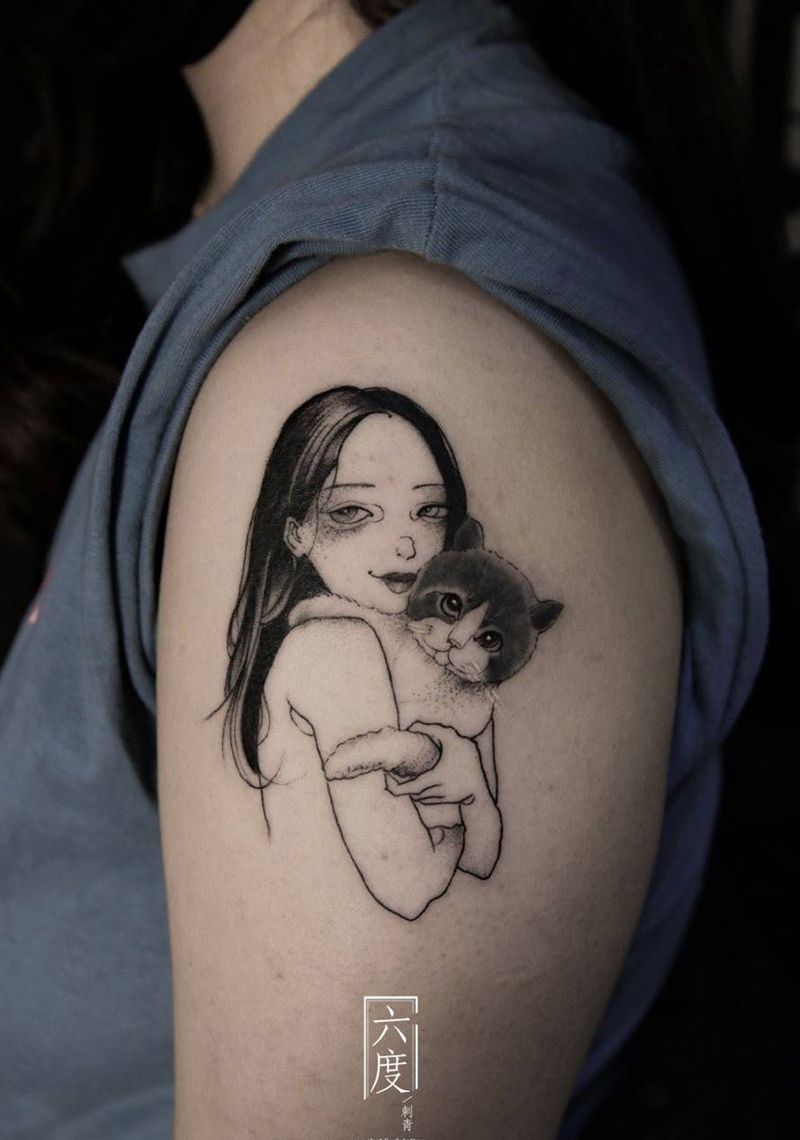 女孩的猫纹身图片_成品清新人物手臂肩部纹身图案