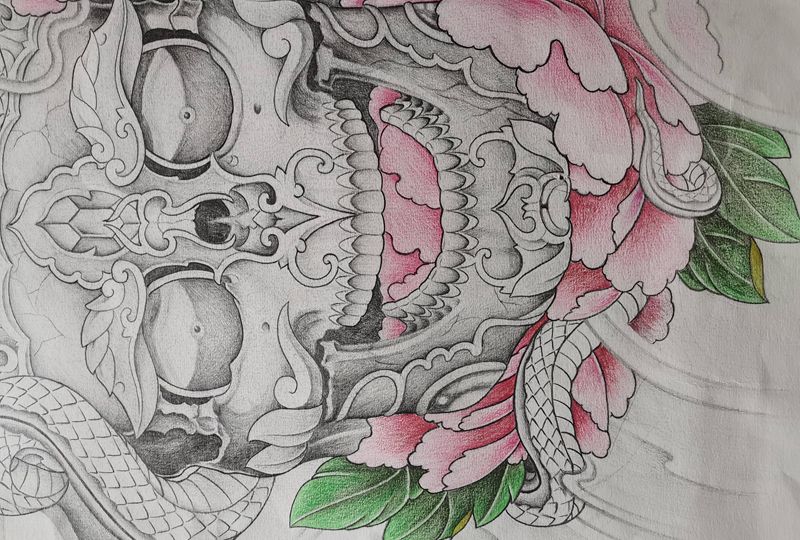 嘎巴拉纹身图片_背部腰部新传统纹身图案