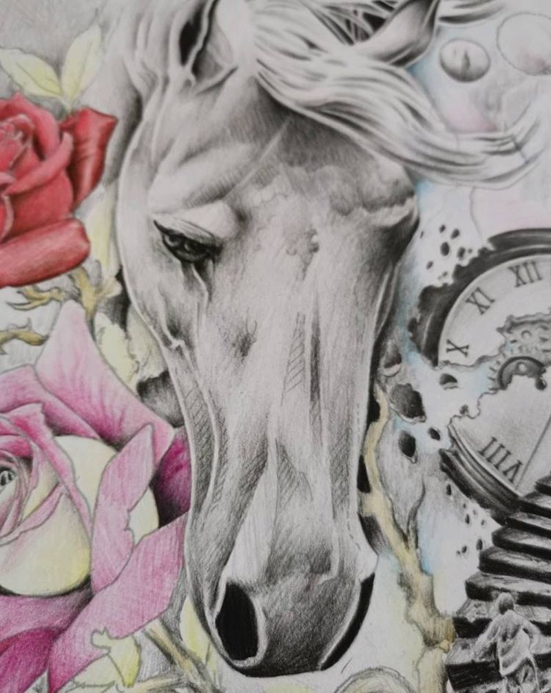 马纹身图片_腿部欧美写实纹身图案