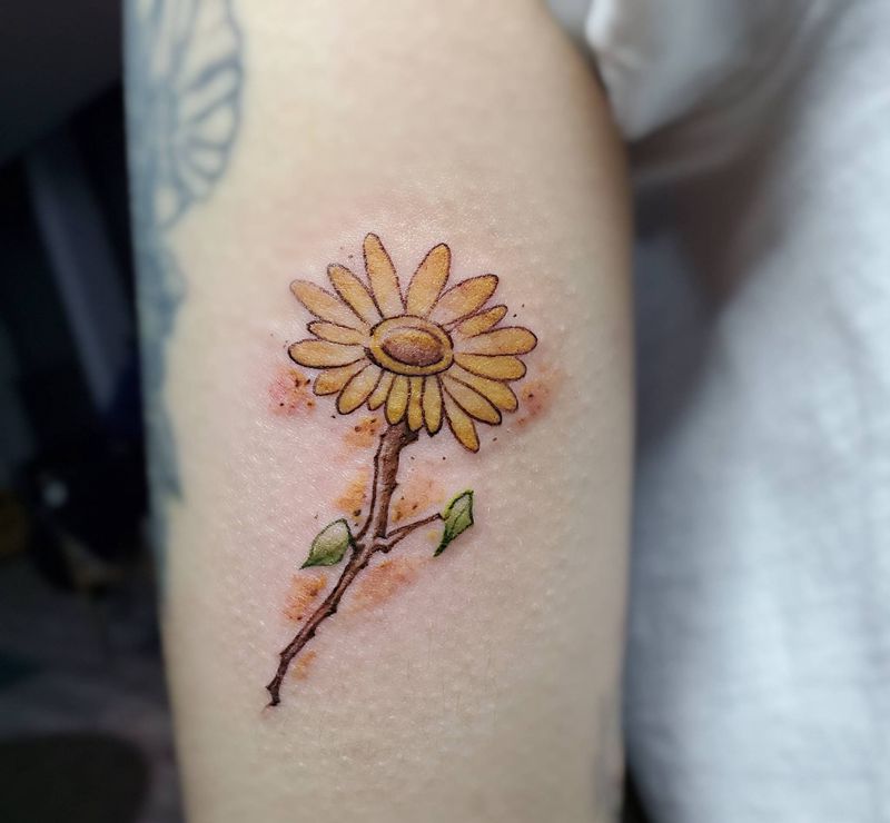 原创向日葵纹身图片_手臂New School水彩花向日葵菊花纹身图案