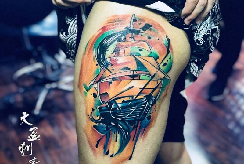 水彩帆船纹身图片_成品纹身图案