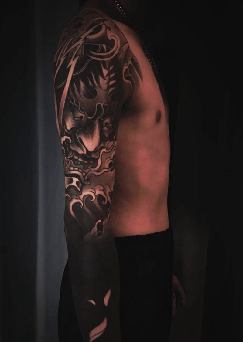 黑暗系纹身图片_手臂肩部新传统般若纹身图案