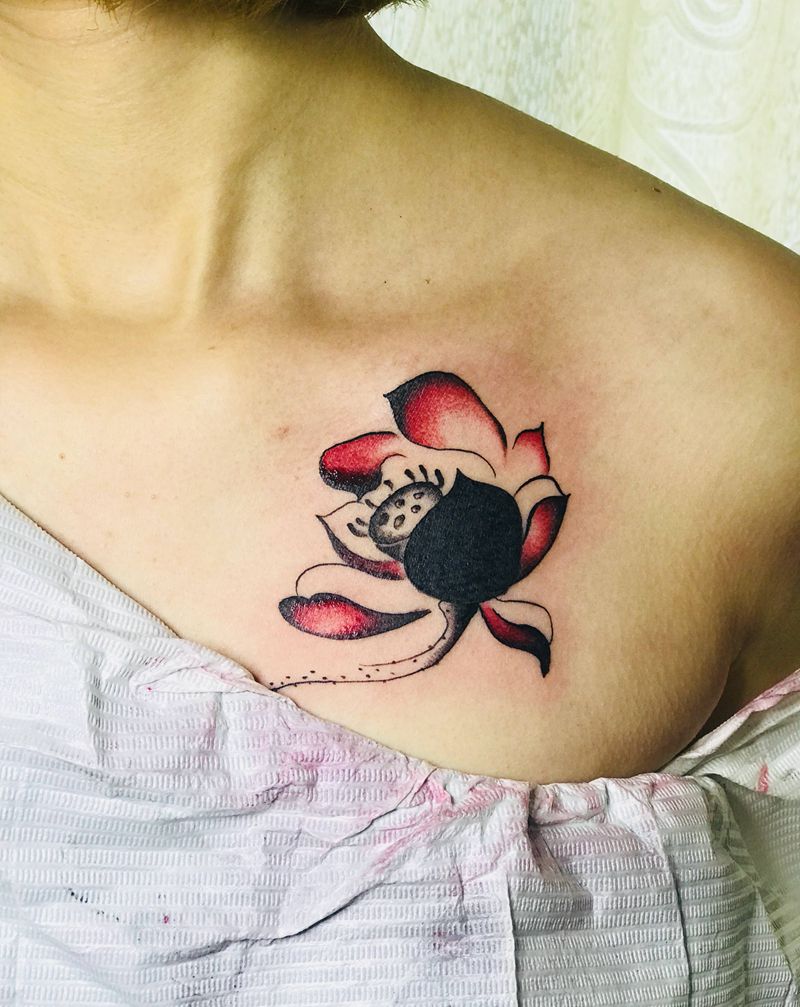 莲花遮盖纹身图片_成品胸部肩部颈部清新静物纹身图案